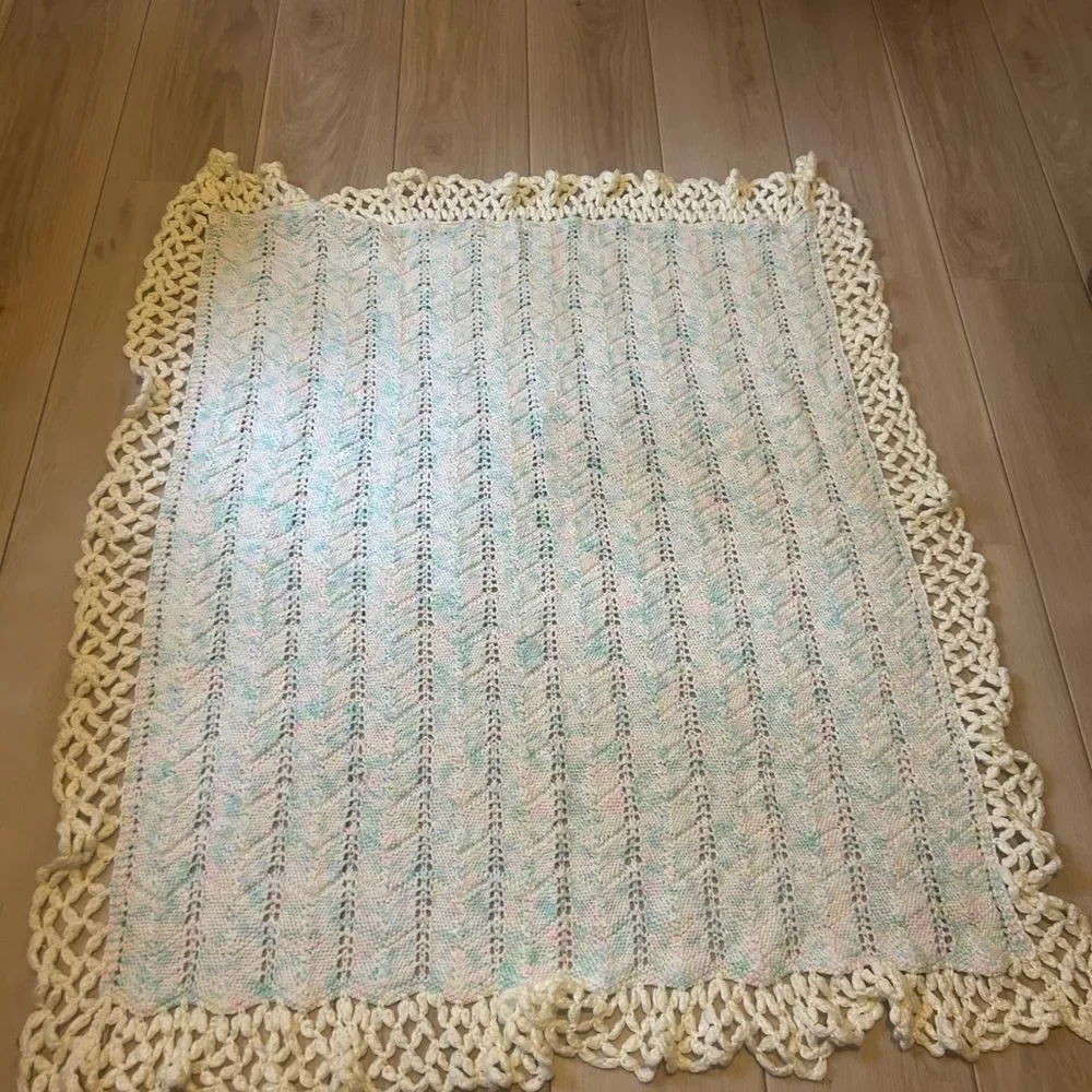 Handmade Crochet Baby Infant Blanket Pink, Blue with Cream Background and Border